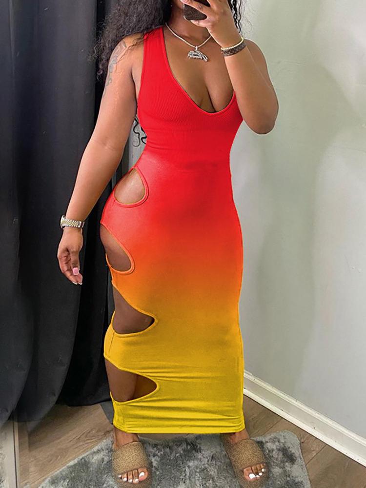 Colorblock Cutout Deep V-neck Sleeveless Maxi Dress - LuckyFash™