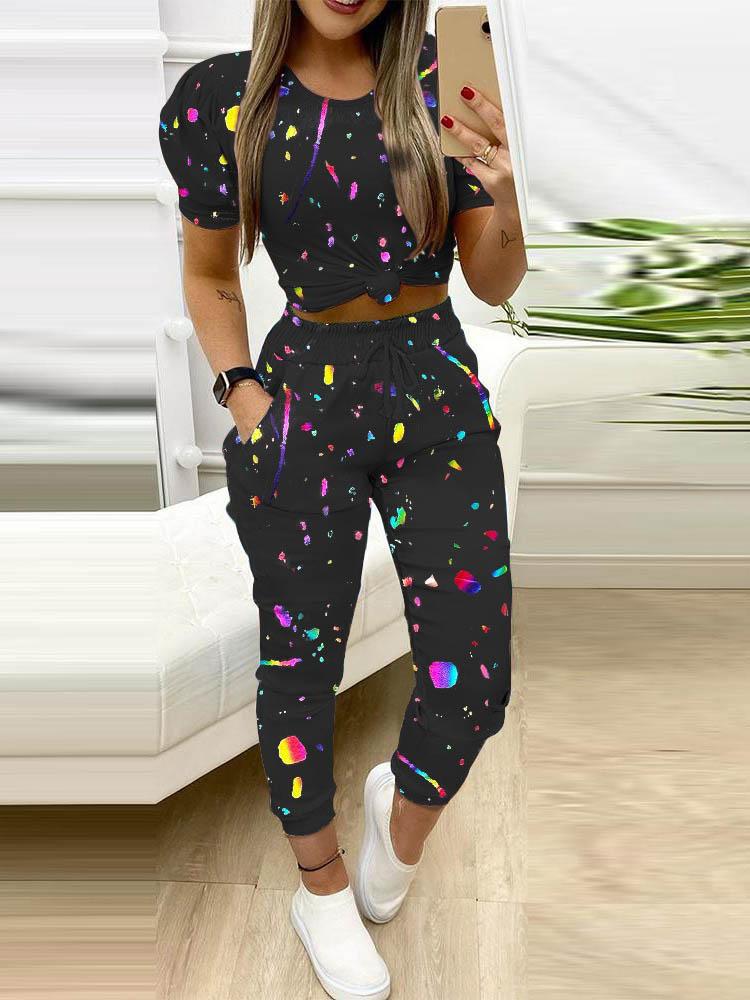 Colorblock Puff Sleeve Crop Top & Pocket Design Drawstring Pants Set - LuckyFash™