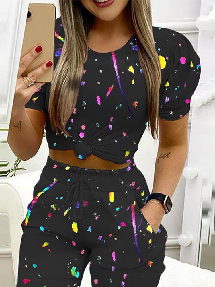 Colorblock Puff Sleeve Crop Top & Pocket Design Drawstring Pants Set - LuckyFash™
