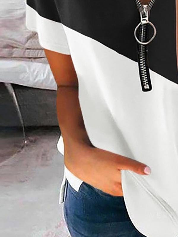 Colorblock Round Neck Zipper Short Sleeve T-shirt - LuckyFash™