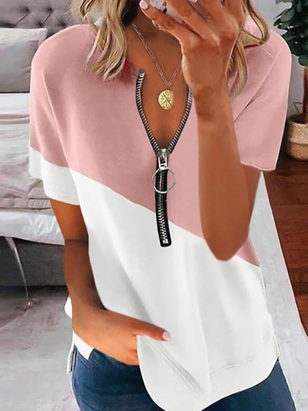 Colorblock Round Neck Zipper Short Sleeve T-shirt - LuckyFash™