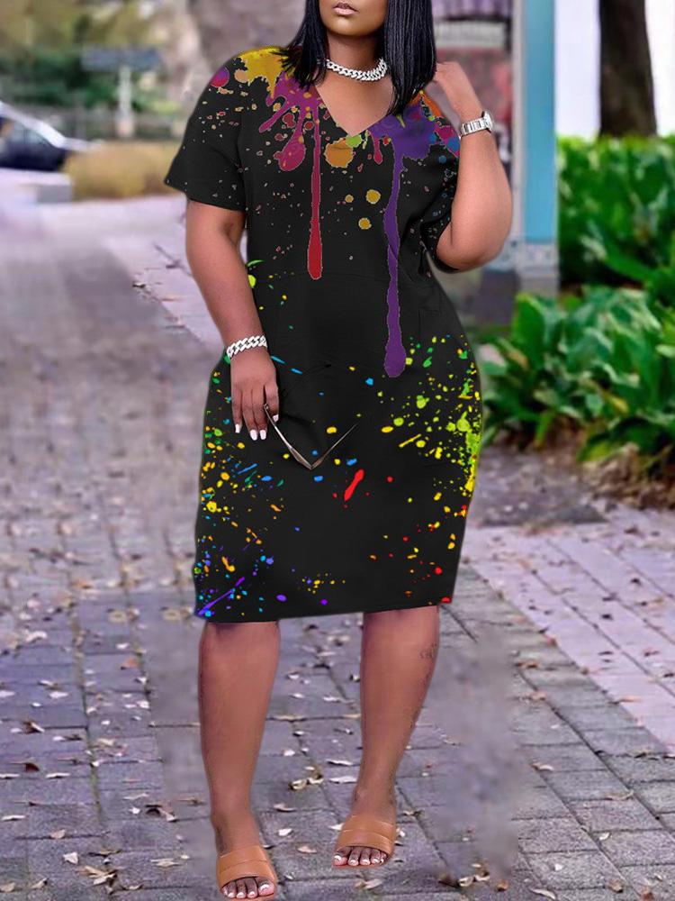 Colorblock Short Sleeve Pocket Design Casual Dress - LuckyFash™