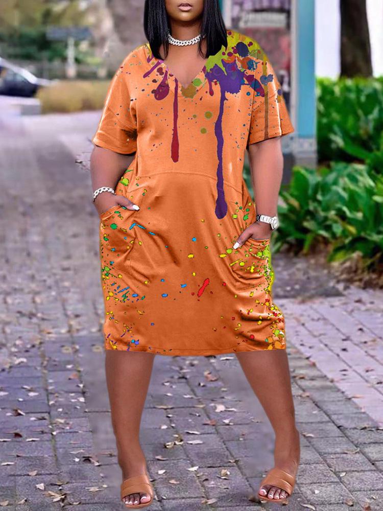 Colorblock Short Sleeve Pocket Design Casual Dress - LuckyFash™