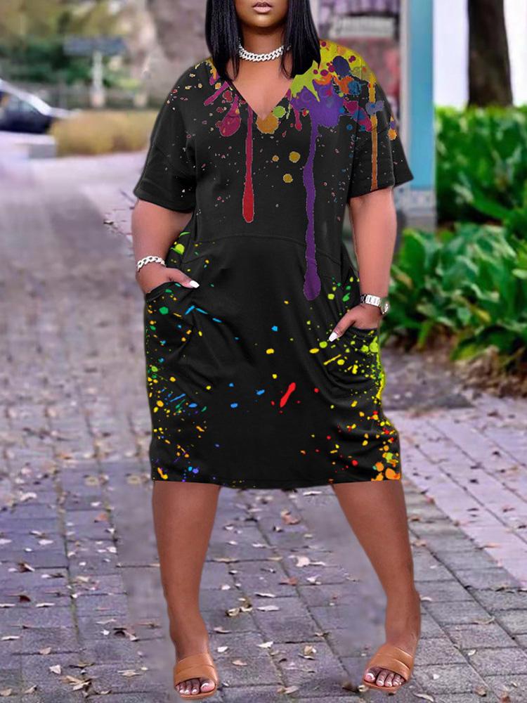 Colorblock Short Sleeve Pocket Design Casual Dress - LuckyFash™