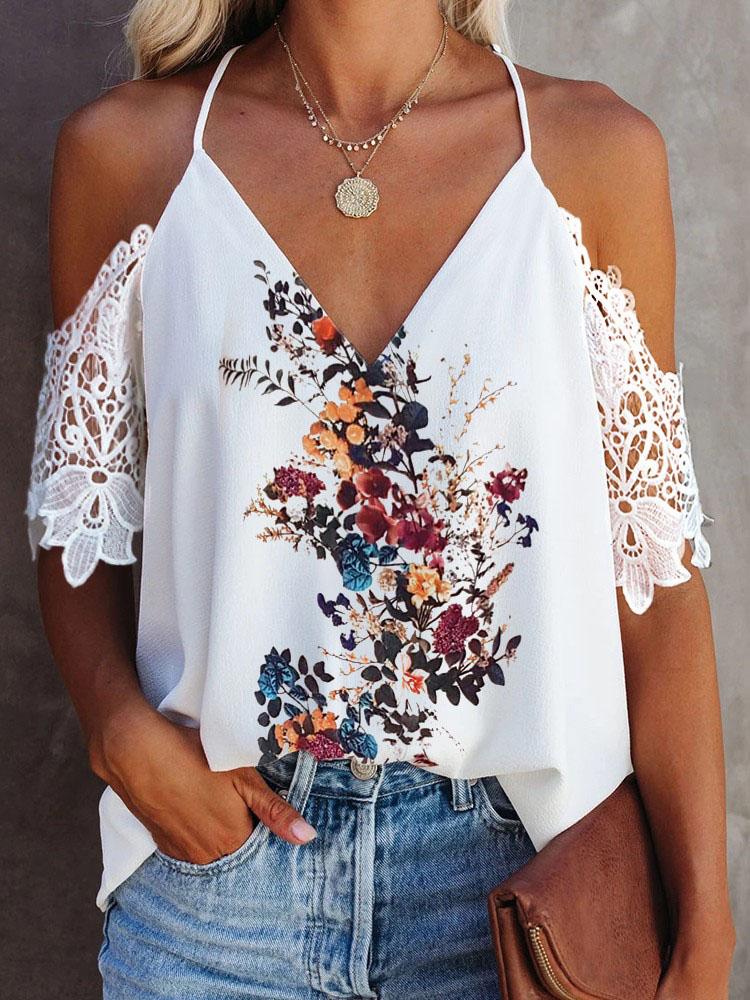 Contrast Lace V Neck Halter Floral Print Top - LuckyFash™
