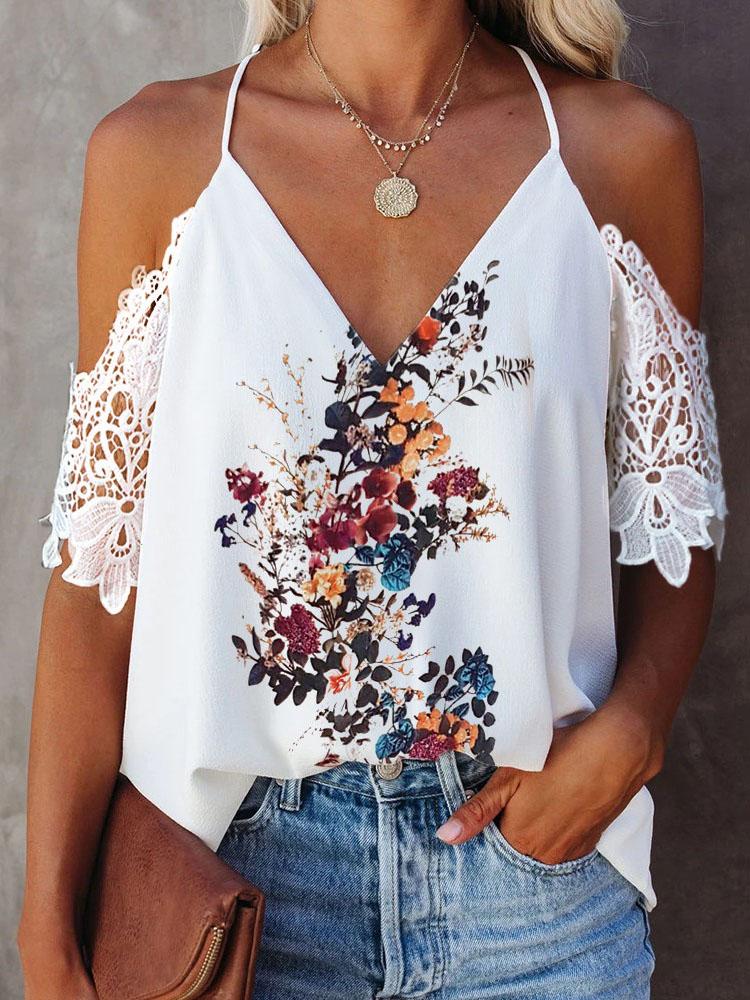 Contrast Lace V Neck Halter Floral Print Top - LuckyFash™