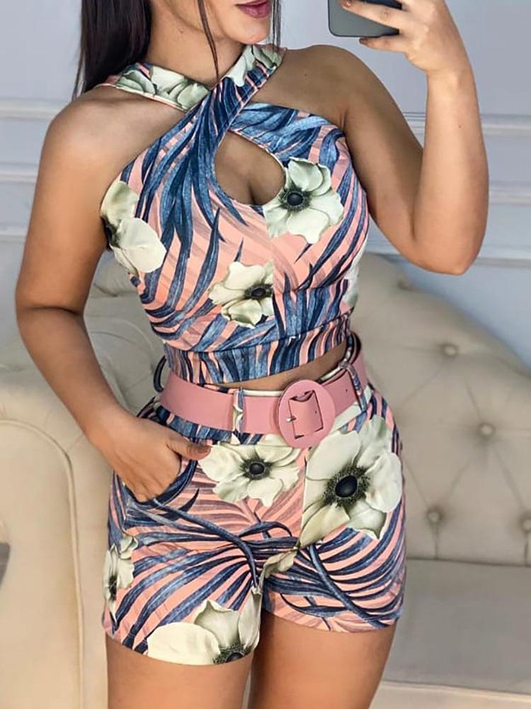 Crisscross Halter Tropical Print Skinny Romper - LuckyFash™
