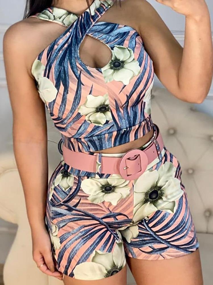 Crisscross Halter Tropical Print Skinny Romper - LuckyFash™
