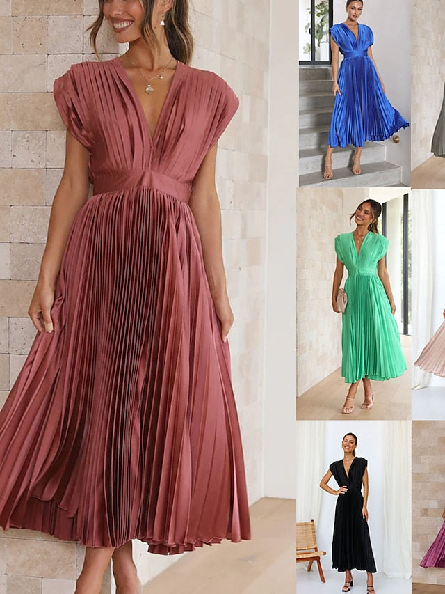Women's Wedding Guest Dress Swing Dress Formal Dress Long Dress Maxi Dress Black Pink Red Sleeveless Pure Color Pleated Summer Spring Fall V Neck Party Evening Party Wedding Guest Vacation Loose Fit - LuckyFash™