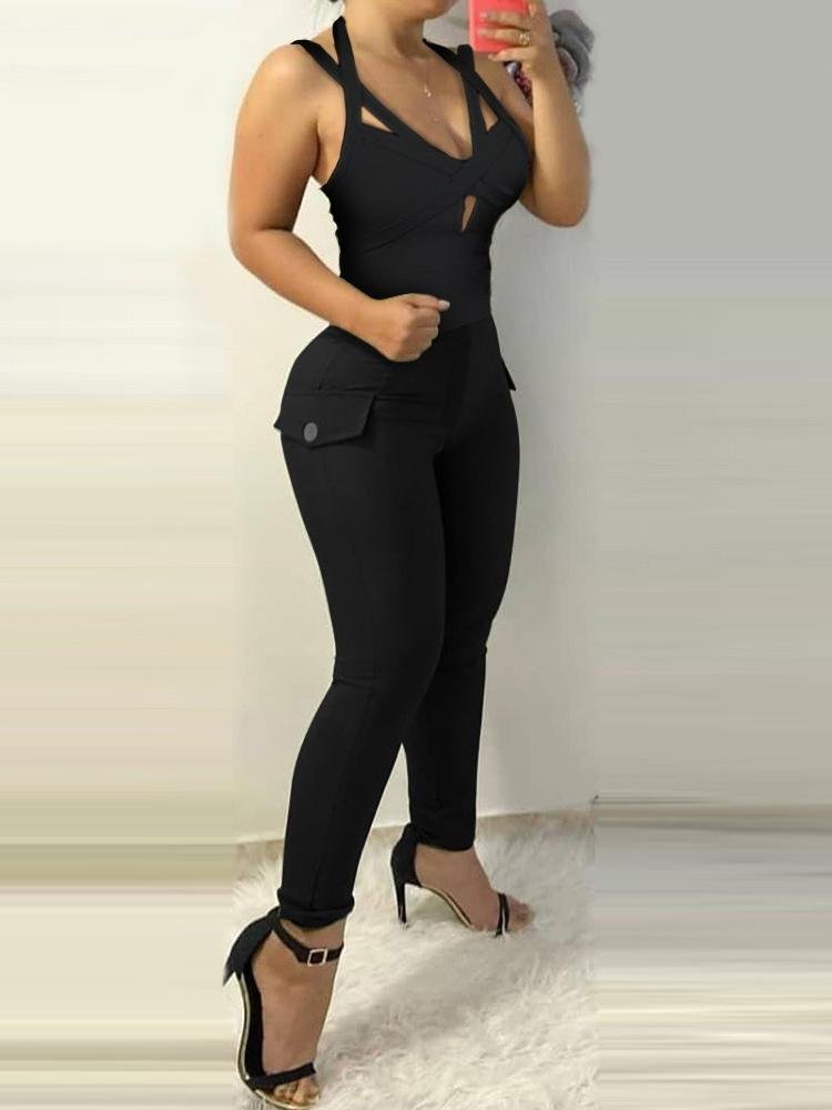 Cutout Double Strap Top & Button Deocr Pants Set - LuckyFash™