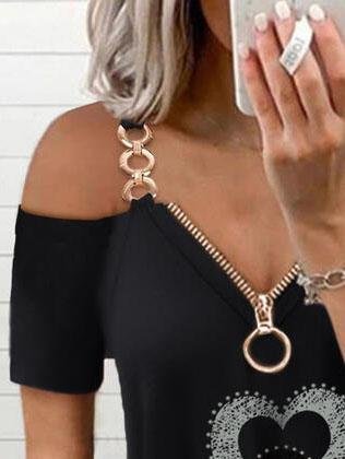 Deep V Metal Sling Zipper Off-shoulder Short Sleeve T-shirt - LuckyFash™