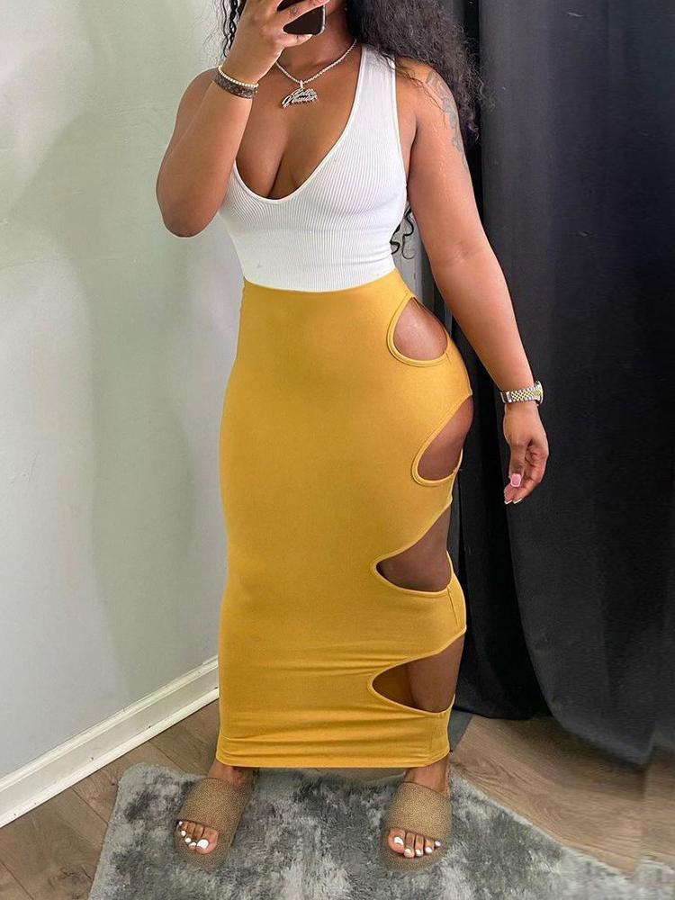 Deep V-neck Colorblock Cutout Thick Strap Maxi Dress - LuckyFash™