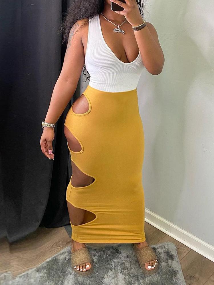 Deep V-neck Colorblock Cutout Thick Strap Maxi Dress - LuckyFash™
