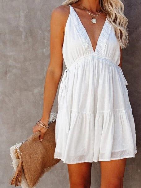 Deep V-Neck Sleeveless Lotus Leaf Stitching Dress - LuckyFash™