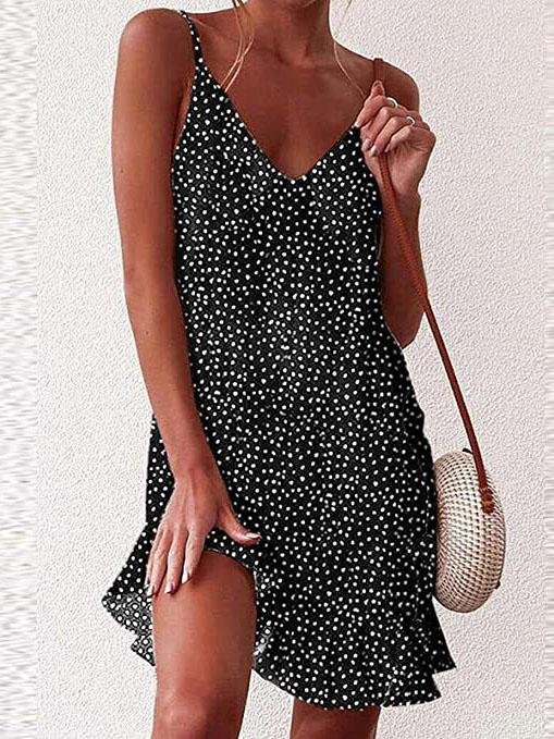 Deep V-Neck Sleeveless Print Mini Dress - LuckyFash™