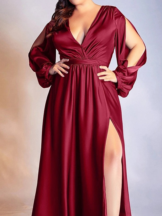 Women's Plus Size Flattering Dresses Elegant Apple Shaped Dress Wedding Guest Party Dress Solid Color V Neck Split Long Sleeve Spring Fall Formal Prom Dress Maxi long Dress Party Dress - LuckyFash™
