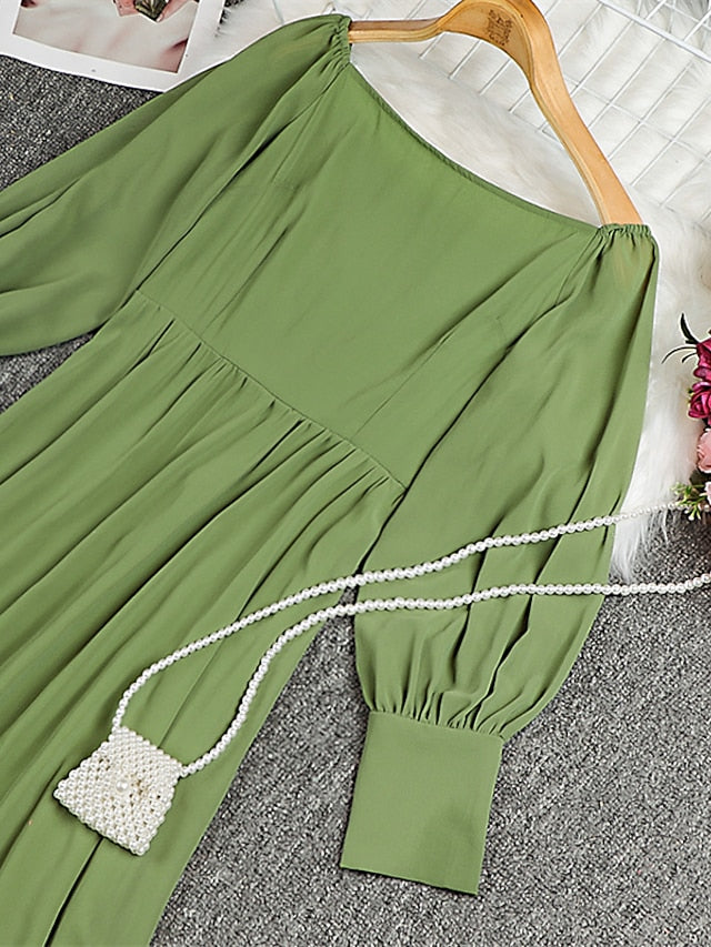 Women‘s Prom Party Dress Swing Dress Long Dress Maxi Dress Green Black Purple Long Sleeve Pure Color Cold Shoulder Fall Autumn Off Shoulder Winter Dress Evening Party Loose Fit 2023 S M L XL - LuckyFash™