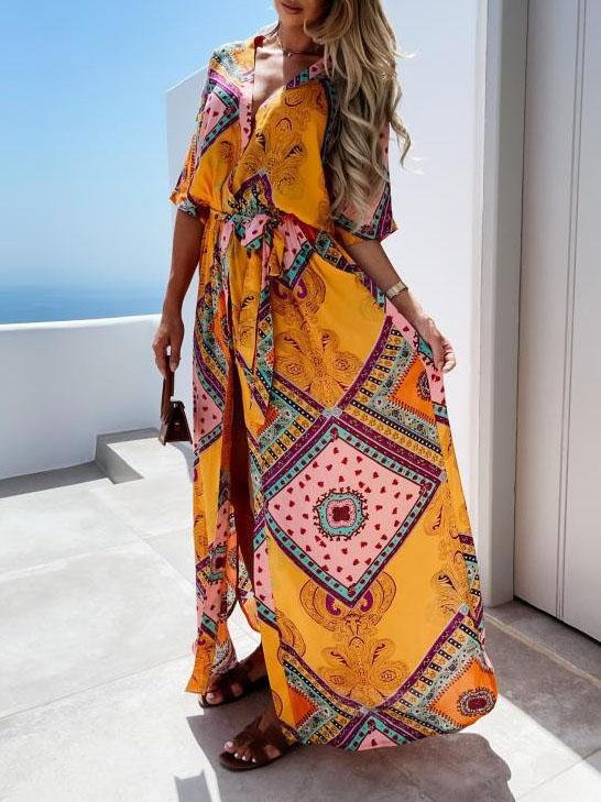 Fashion Lace-up Waist Mid-sleeve Long Dress - LuckyFash™
