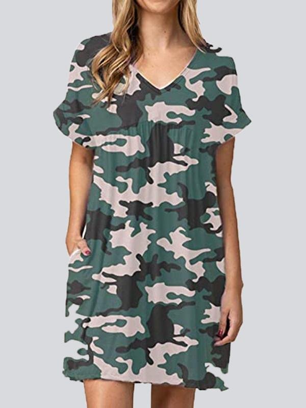 Fashion Print V Neck Short Sleeve Mini Dresses - LuckyFash™