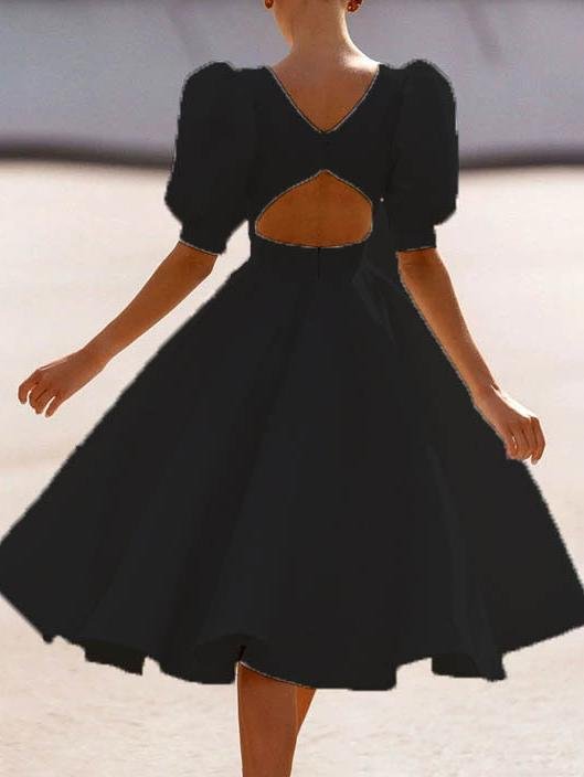Fashion Solid Puff Mid Sleeve Big Swing Midi Dresses - LuckyFash™