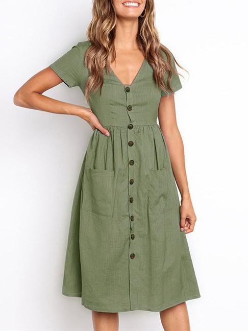 Fashion V-neck Button Pocket Short Sleeve Dress - LuckyFash™