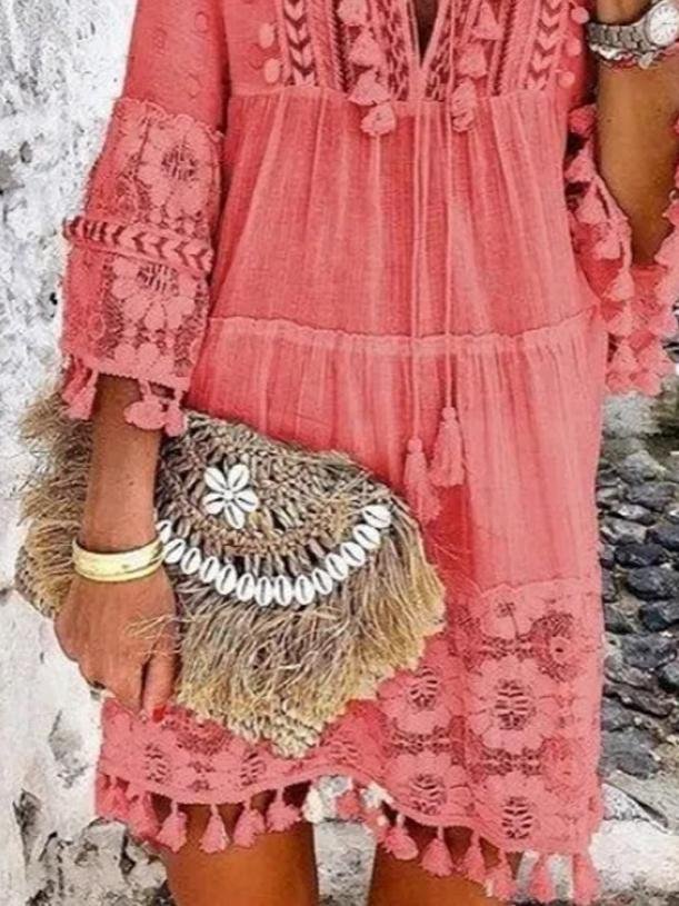 Fashion V-neck Lace Fringed Mini Dress - LuckyFash™