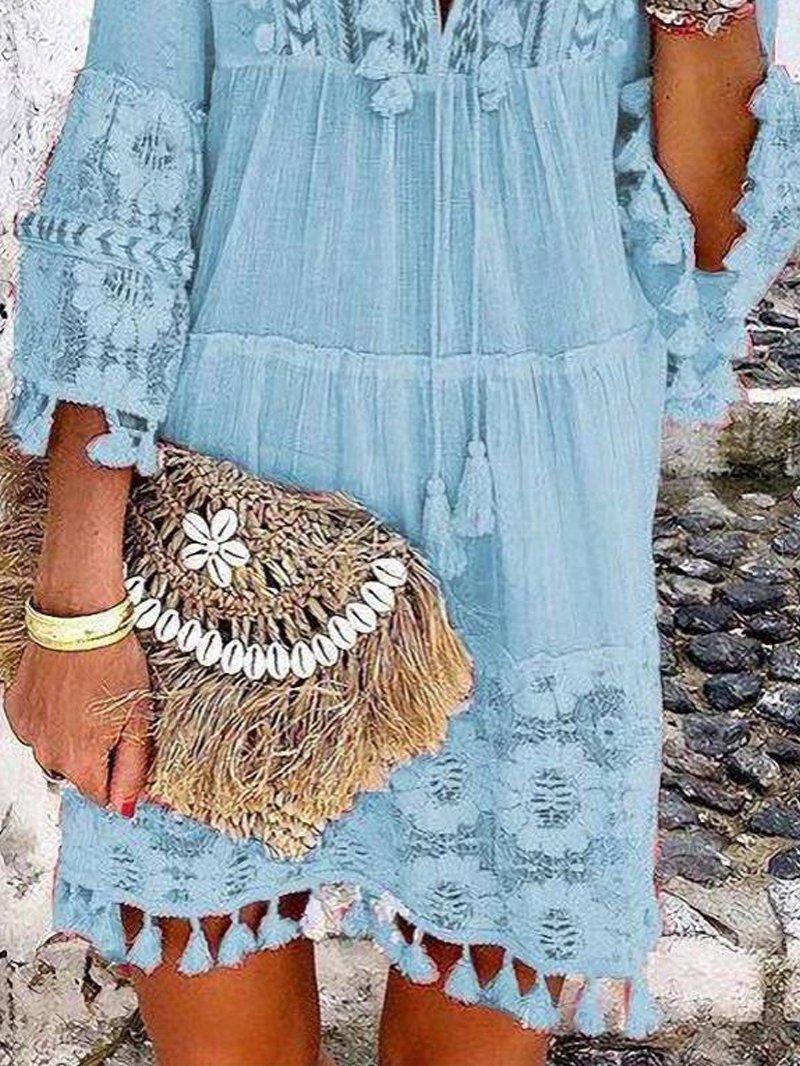 Fashion V-neck Lace Fringed Mini Dress - LuckyFash™