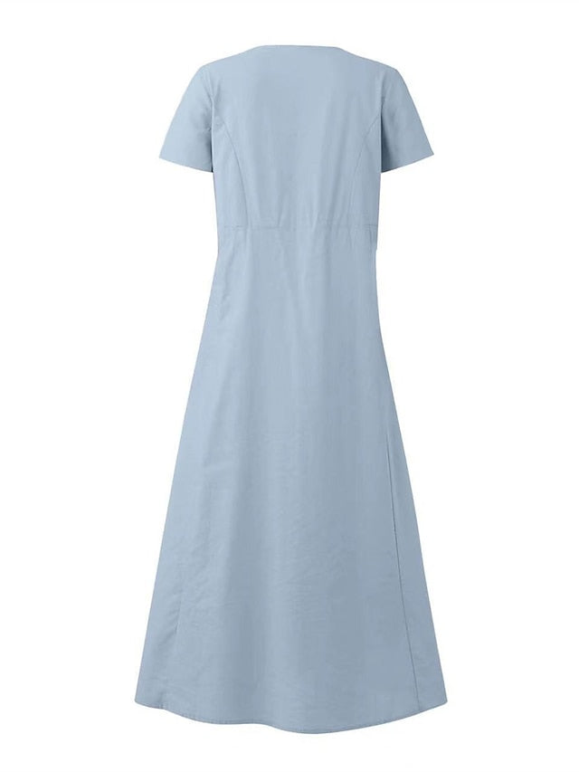 Cotton Linen Dress Casual Dress Swing Dress Maxi long Dress Linen Cotton Blend Fashion Classic Outdoor Daily Vacation Crew Neck Pocket Short Sleeve Summer Spring Loose Fit Black Pink Sky for Women - LuckyFash™