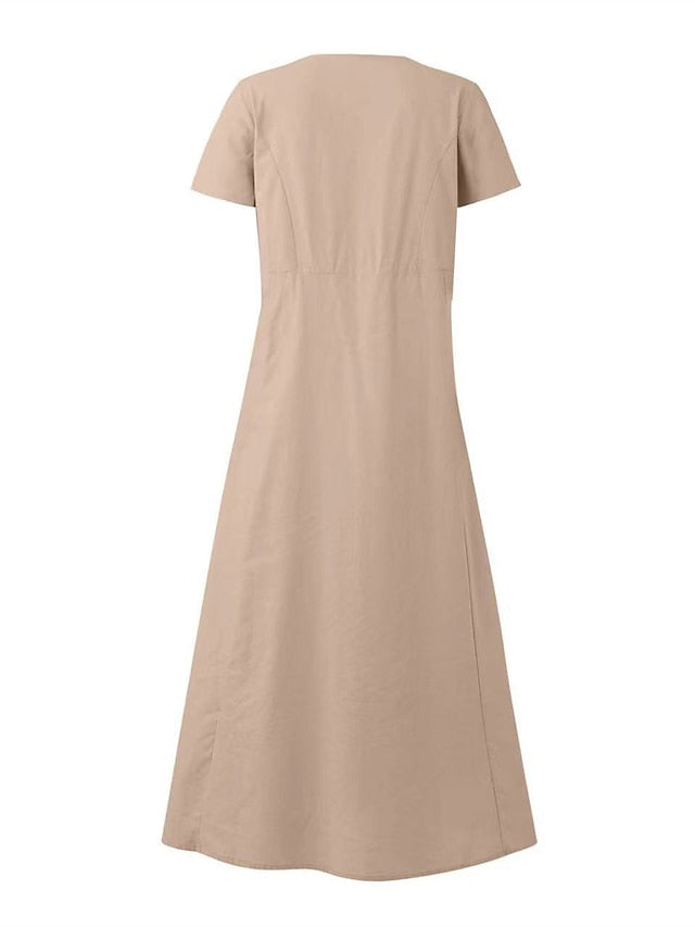 Cotton Linen Dress Casual Dress Swing Dress Maxi long Dress Linen Cotton Blend Fashion Classic Outdoor Daily Vacation Crew Neck Pocket Short Sleeve Summer Spring Loose Fit Black Pink Sky for Women - LuckyFash™