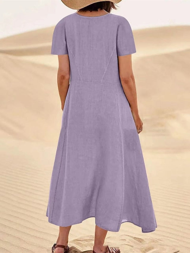 Cotton Linen Dress Casual Dress Swing Dress Maxi long Dress Linen Cotton Blend Fashion Classic Outdoor Daily Vacation Crew Neck Pocket Short Sleeve Summer Spring Loose Fit Black Pink Sky for Women - LuckyFash™