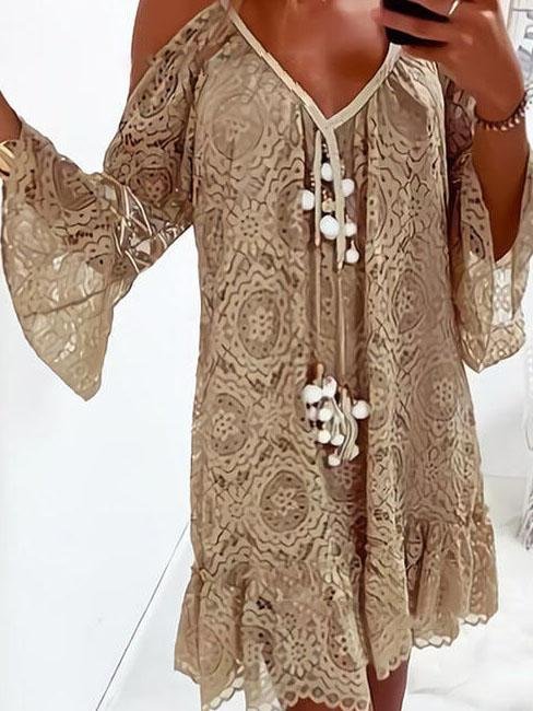 Flared Sleeve V-neck Casual Lace Dress - LuckyFash™