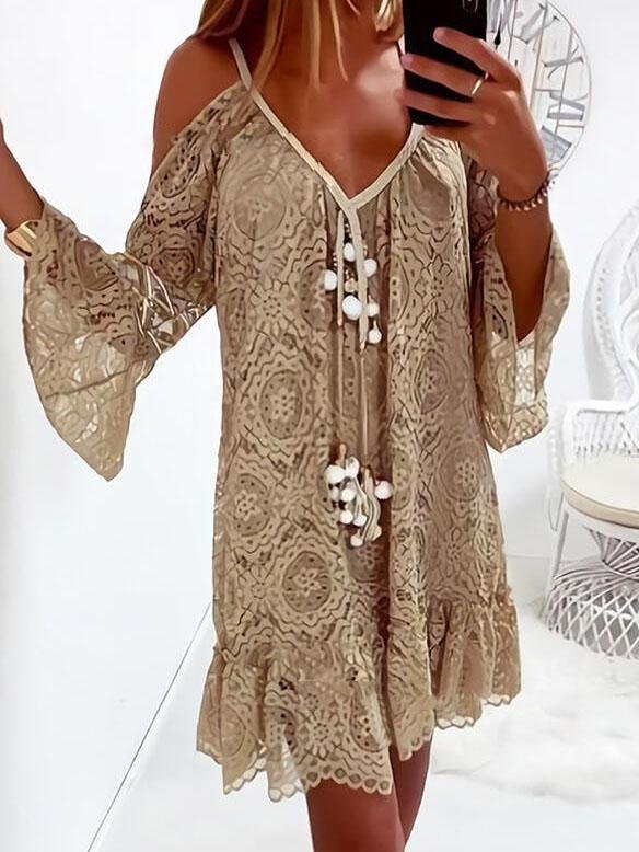 Flared Sleeve V-neck Casual Lace Dress - LuckyFash™