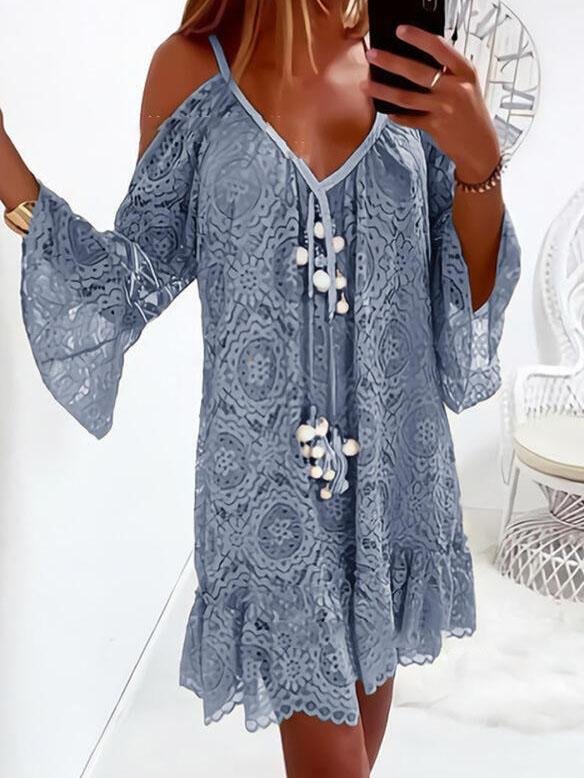 Flared Sleeve V-neck Casual Lace Dress - LuckyFash™