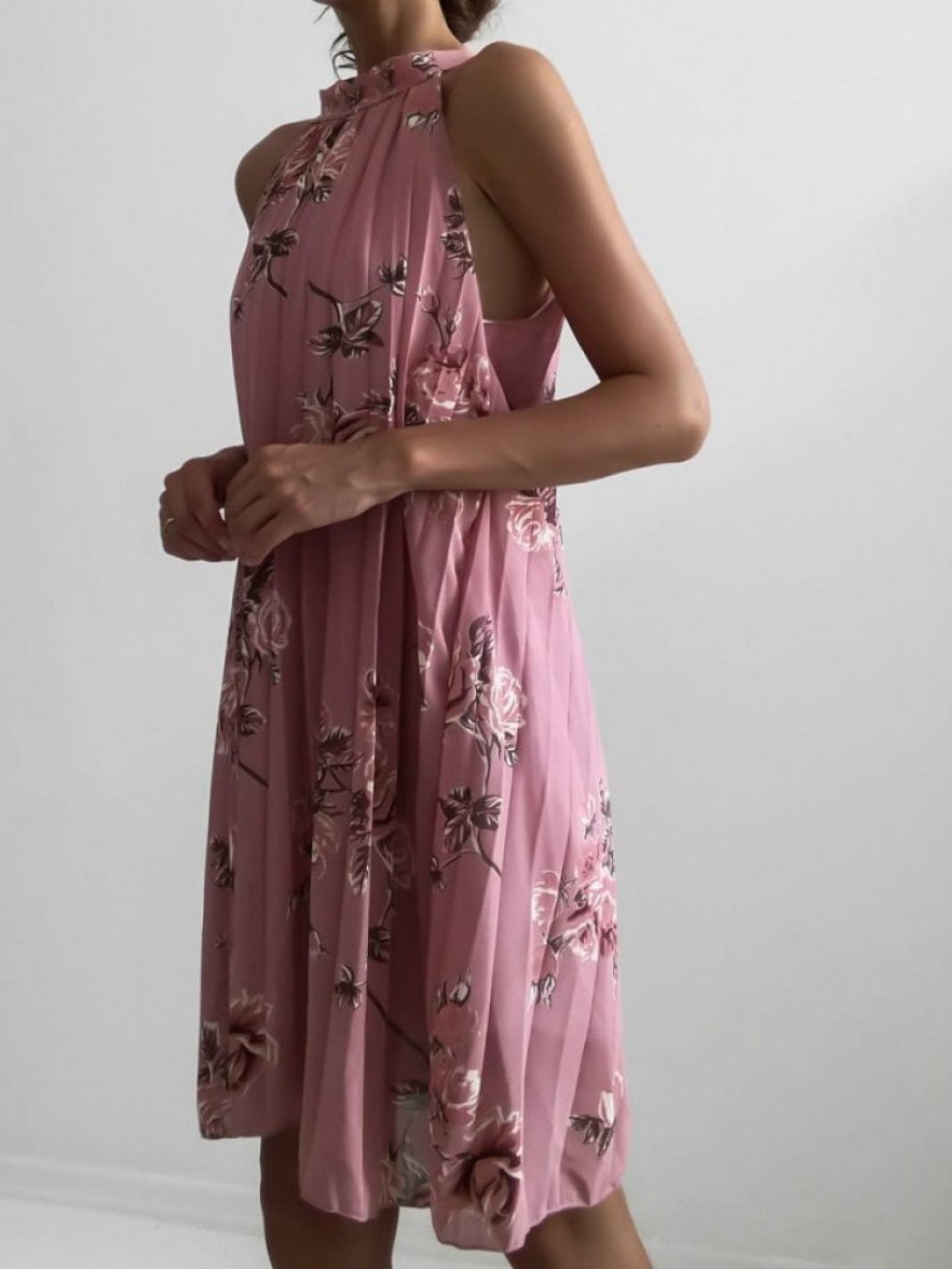 Folded Sleeveless Halterneck Print Dress - LuckyFash™