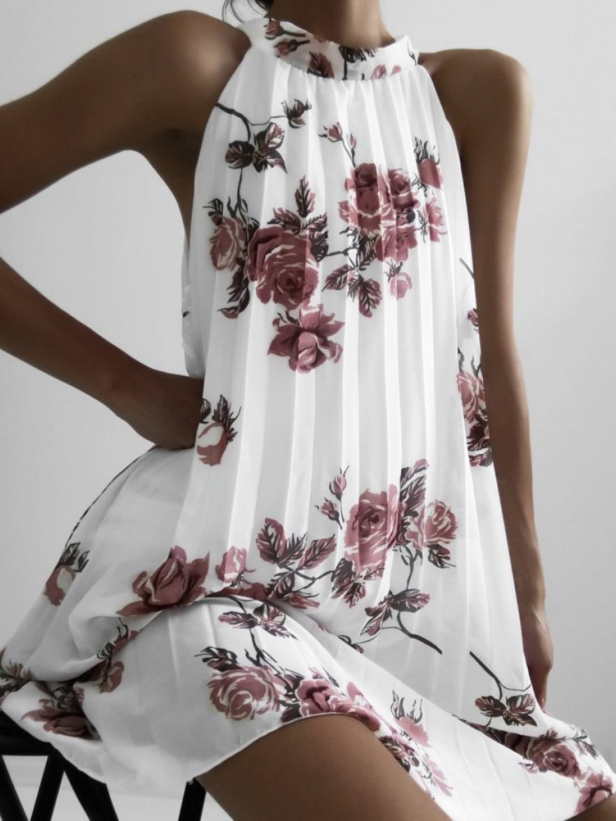 Folded Sleeveless Halterneck Print Dress - LuckyFash™