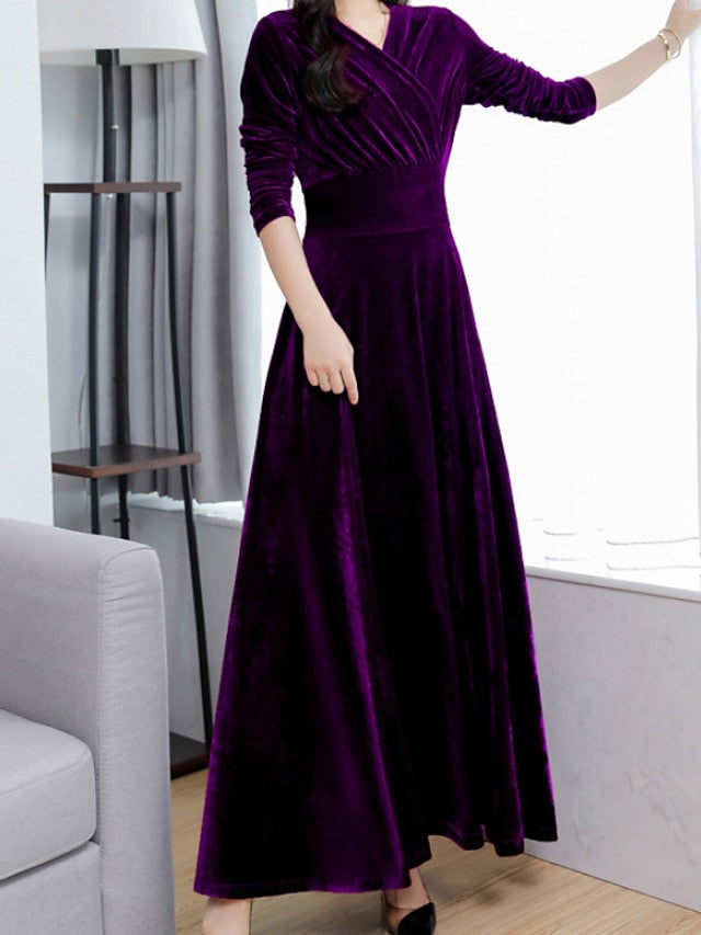 Women's Wedding Guest Dress Velvet Dress Red Midi Dress Purple Wine Royal Blue Black Long Sleeve Pure Color Ruched Winter Fall V Neck Modern Fall Dress 2023 M L XL XXL 3XL Winter Dress - LuckyFash™