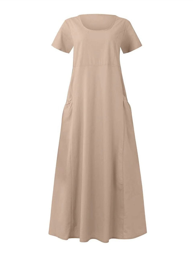 Cotton Linen Dress Casual Dress Swing Dress Maxi long Dress Linen Cotton Blend Fashion Classic Outdoor Daily Vacation Crew Neck Pocket Short Sleeve Summer Spring Loose Fit Black Pink Sky for Women - LuckyFash™