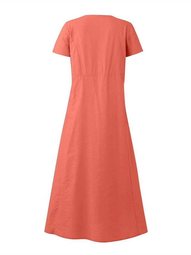 Cotton Linen Dress Casual Dress Swing Dress Maxi long Dress Linen Cotton Blend Fashion Classic Outdoor Daily Vacation Crew Neck Pocket Short Sleeve Summer Spring Loose Fit Black Pink Sky for Women - LuckyFash™