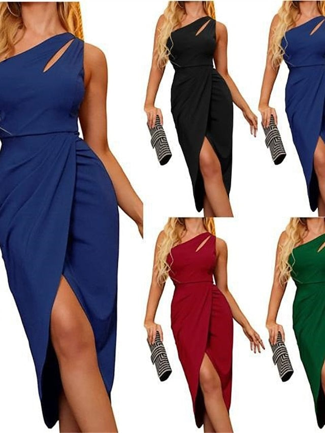Party Dress Cocktail Dress Sheath Dress Midi Dress Black Wine Blue Sleeveless Pure Color Ruched Summer Spring One Shoulder Fashion Office Evening Party Wedding Guest S M L XL 2XL for Women - LuckyFash™