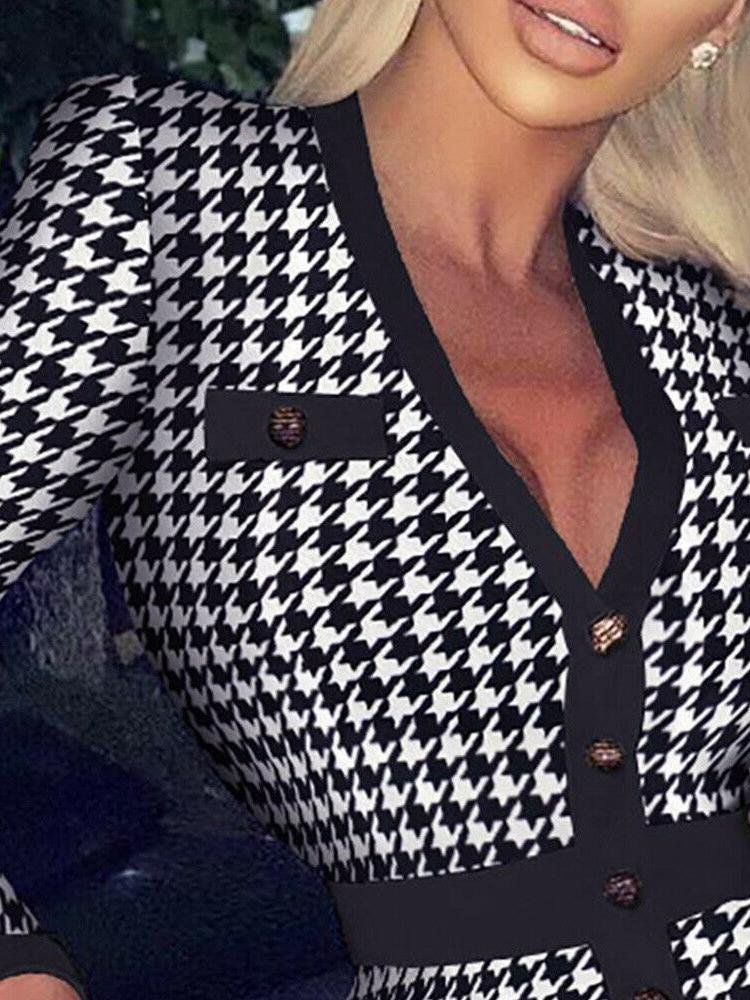 Houndstooth/Rhombus Print Long-sleeved V-neck Button Bodycon Dress - LuckyFash™