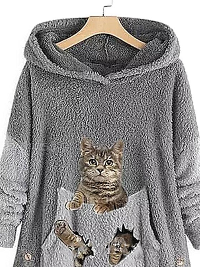 Fleece Hoodie Green Pink Grey Hooded Cat 3D Front Pocket Print Casual Streetwear 3D Print Fleece Active Fuzzy Clothing Apparel Hoodies Sweatshirts / Fleece lined for Women - LuckyFash™
