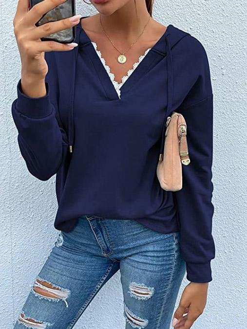 Women's Hoodies Casual Lace V-Neck Long Sleeve Hoodie - LuckyFash™