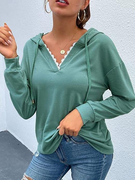 Women's Hoodies Casual Lace V-Neck Long Sleeve Hoodie - LuckyFash™