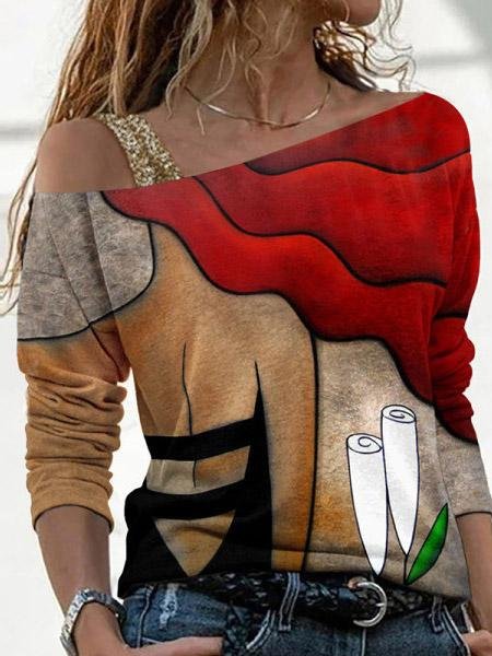 Women's T-Shirts Casual Printed Diagonal Collar Long Sleeve T-Shirt - LuckyFash™