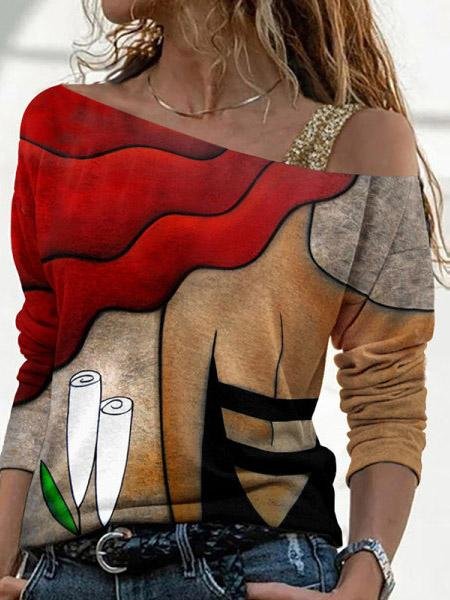 Women's T-Shirts Casual Printed Diagonal Collar Long Sleeve T-Shirt - LuckyFash™