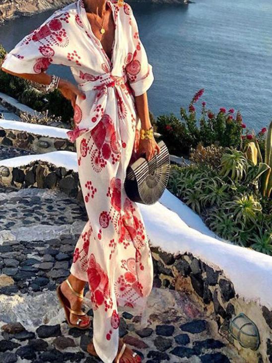 Women's Dresses Deep V-Neck Long Sleeve Temperament Printed Dress - LuckyFash™