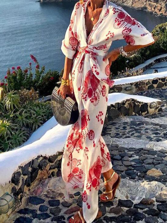 Women's Dresses Deep V-Neck Long Sleeve Temperament Printed Dress - LuckyFash™