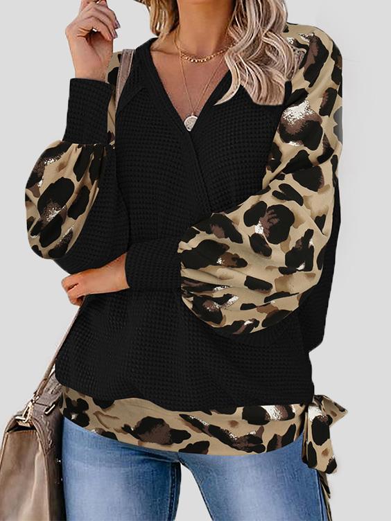 Women's T-Shirts Leopard Print Stitching Lantern Sleeve V Neck T-Shirts - LuckyFash™