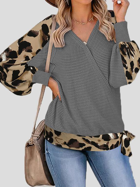 Women's T-Shirts Leopard Print Stitching Lantern Sleeve V Neck T-Shirts - LuckyFash™