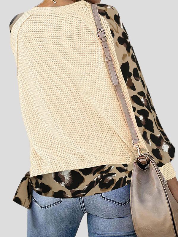 Women's T-Shirts Leopard Print Stitching Lantern Sleeve V Neck T-Shirts - LuckyFash™